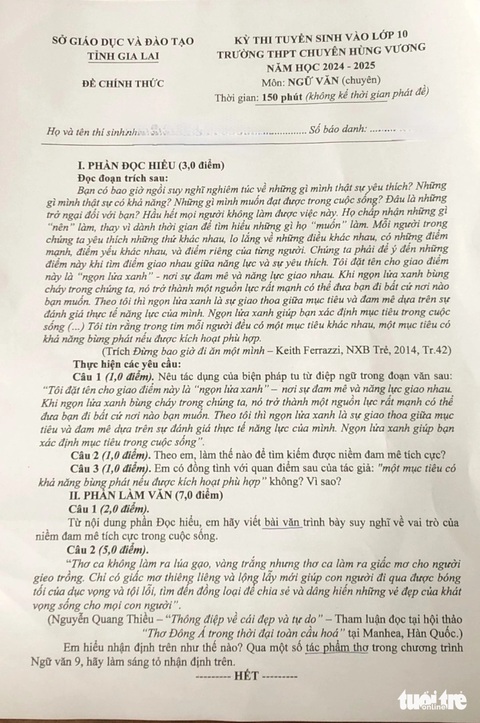 'Thơ ca không làm ra lúa gạo, vàng trắng' hay 'lúa vàng, gạo trắng'?- Ảnh 2. Đề thi chuyên văn vào lớp 10 Trường THPT chuyên Hùng Vương sáng ngày 8-6
