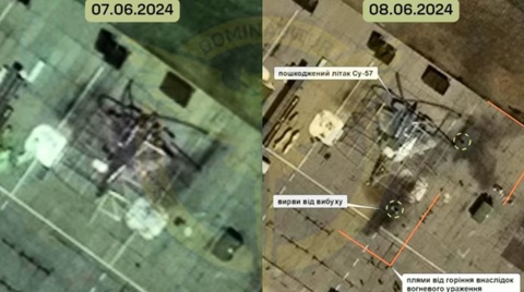 Siêu chiến đấu cơ Su-57 của Nga hư hỏng sau đòn tấn công xa gần 600km của Ukraine- Ảnh 1. Ảnh vệ tinh chụp ngày 7 và 8-6 vị trí của tiêm kích Su-57 tại căn cứ không quân Akhtubinsk, Nga - Ảnh: Cơ quan tình báo quốc phòng Ukraine