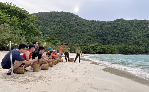 Vích mẹ từ Malaysia sang Côn Đảo đẻ hơn 100 trứng, nở 87 con- Ảnh 2. Các bạn trẻ thích thú với việc thả vích con về biển - Ảnh: N.Đ.K.
