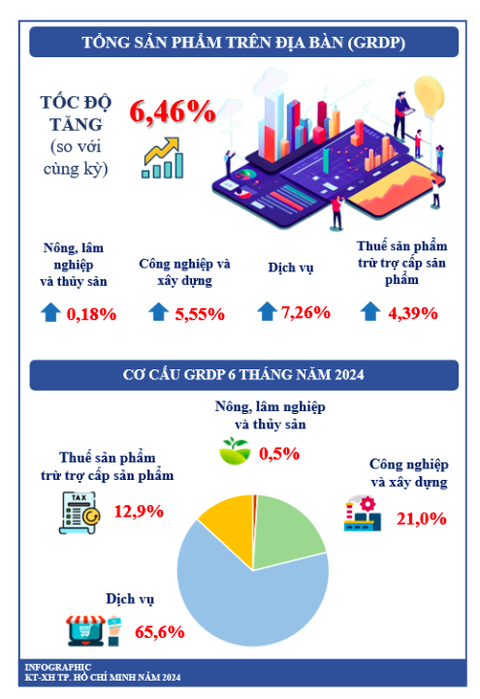 GRDP 6 tháng đầu năm của TP.HCM tăng trưởng 6,46%- Ảnh 2. Tăng trưởng GRDP TP.HCM 6 tháng đầu năm - Ảnh: Cục Thống kê TP.HCM