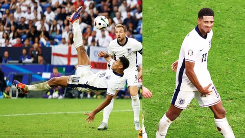 Bellingham có thể bị cấm đá tứ kết Euro 2024 vì ăn mừng phản cảm- Ảnh 1. Sau khi lập siêu phẩm, Bellingham của tuyển Anh lại có pha ăn mừng phản cảm trước Slovakia - Nguồn: DailyMail