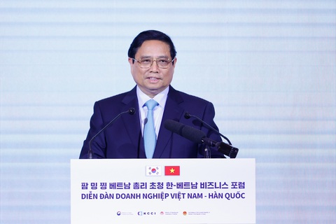 '3 đảm bảo' của Thủ tướng với các tập đoàn Hàn Quốc- Ảnh 1. Thủ tướng Phạm Minh Chính phát biểu tại Diễn đàn doanh nghiệp Việt Nam - Hàn Quốc sáng 1-7 - Ảnh: NHẬT BẮC