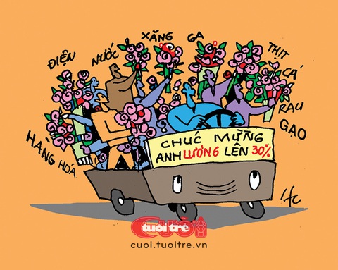 'Họ hàng' nhà vật giá chúc mừng anh lương tăng 30%- Ảnh 1. Họ hàng 'vật giá' chúc mừng anh lương tăng 30% - Tranh: Hà Huy Chương