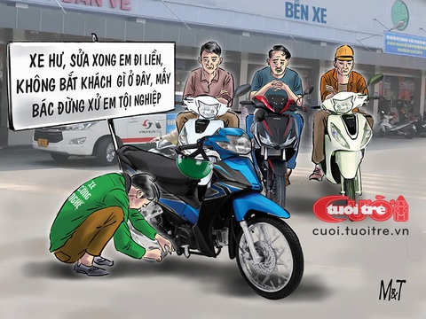 Xe ôm công nghệ sợ... xe ôm truyền thống- Ảnh 1. Xe ôm công nghệ, xe ôm truyền thống - Tranh: Đỗ Minh Tuấn