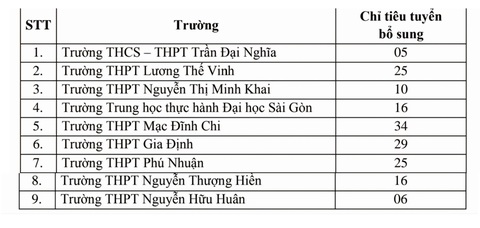 TP.HCM tuyển bổ sung chỉ tiêu lớp 10 tích hợp tại 9 trường THPT- Ảnh 2. Chỉ tiêu tuyển bổ sung lớp 10 tích hợp của các trường THPT công lập tại TP.HCM