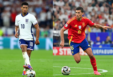 Những cuộc đối đầu quyết định trận chung kết Euro 2024 giữa Tây Ban Nha và Anh- Ảnh 3. Jude Bellingham (trái) và Rodri là những mẫu tiền vệ đảm nhiệm vai trò trái ngược nhau - Ảnh: GETTY