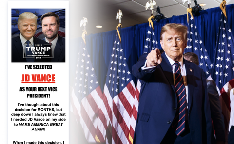 Ảnh chụp màn hình trang web vận động tranh cử của ông Trump đã được thay đổi với hình ảnh ông Vance, cùng dòng thông báo do đích thân ông Trump chắp bút Ảnh chụp màn hình trang web vận động tranh cử của ông Trump đã được thay đổi với hình ảnh ông Vance, cùng dòng thông báo do đích thân ông Trump chấp bút