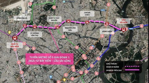 Đề xuất tạm dừng thẩm định dự án metro số 5 ngã tư Bảy Hiền - cầu Sài Gòn- Ảnh 1. Sơ đồ hướng tuyến metro số 5 (giai đoạn 1) - Ảnh: Ban Quản lý đường sắt đô thị TP.HCM