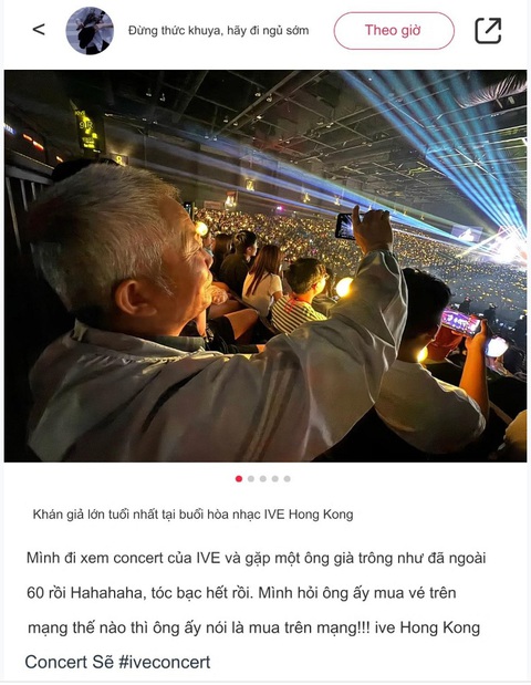 Fan tuổi ‘ông ngoại’ đu concert IVE tại Hong Kong (Trung Quốc) gây sốt- Ảnh 1. Ảnh chụp bài đăng của khán giả xem concert của IVE về người hâm mộ đặc biệt