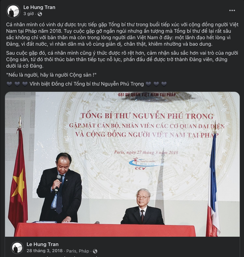 PGS.TS Trần Lê Hưng chia sẻ cảm xúc trên mạng xã hội sau khi hay tin Tổng bí thư Nguyễn Phú Trọng trừ trần. Trong hình là tấm ảnh anh chụp Tổng bí thư Nguyễn Phú Trọng gặp kiều bào tại Pháp năm 2018 - Ảnh chụp màn hình Kiều bào và kỷ niệm đáng nhớ với Tổng bí thư Nguyễn Phú Trọng- Ảnh 2.
