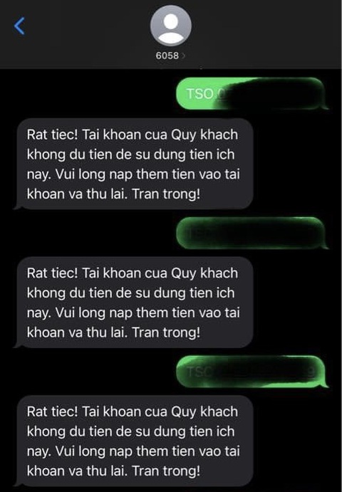 Thí sinh khó gửi và nhận tin nhắn để đăng ký xét tuyển- Ảnh 3. Số khác cho hay dù đã nạp tiền điện thoại nhưng tổng đài phản hồi tài khoản không đủ tiền sử dụng dịch vụ - Ảnh: T.S