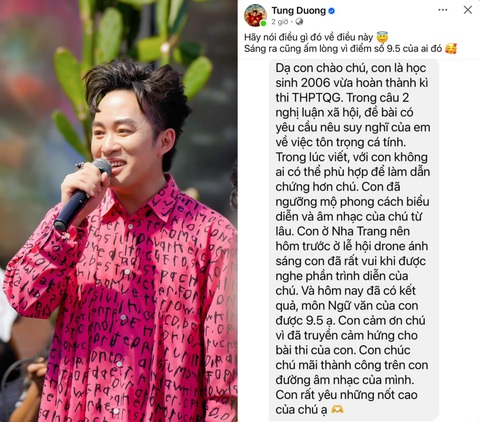 Nữ sinh đạt 9,5 điểm văn tốt nghiệp THPT nhờ nghe Tùng Dương hát- Ảnh 1. Tùng Dương flex tin nhắn từ khán giả vừa thi tốt nghiệp THPT, có điểm môn ngữ văn 9,5 nhờ được nam ca sĩ truyền cảm hứng