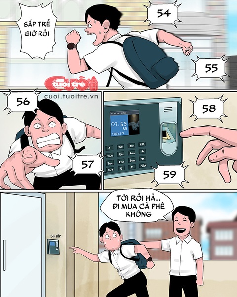 Cuộc chạy đua chấm công mỗi sáng của tôi- Ảnh 1. Cuộc chạy đua chấm công mỗi sáng của tôi - Tranh: Vàng
