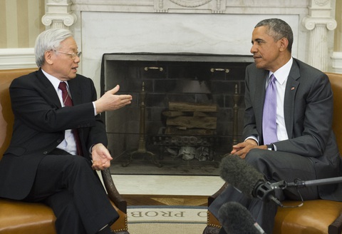 Tổng bí thư Nguyễn Phú Trọng gặp Tổng thống Mỹ Barack Obama tại Nhà Trắng, trong chuyến thăm lịch sử đến Mỹ vào ngày 7-7-2015 - Ảnh: AFP Tổng bí thư Nguyễn Phú Trọng, người nâng tầm 'ngoại giao cây tre' Việt Nam- Ảnh 5.