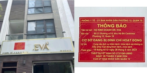 Bị đình chỉ nhưng một 'cơ sở thẩm mỹ' vẫn bất chấp làm đẹp cho chị em- Ảnh 1. Hộ kinh doanh “DR EVA” được UBND quận 10 dán biển cảnh báo “Cơ sở đang bị đình chỉ hoạt động” - Ảnh: Sở Y tế cung cấp