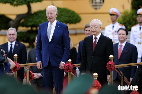 Những di sản đối ngoại nổi bật của Tổng bí thư Nguyễn Phú Trọng- Ảnh 5. Tổng bí thư Nguyễn Phú Trọng chủ trì lễ đón Tổng thống Mỹ Joe Biden tháng 9-2023 - Ảnh: NAM TRẦN