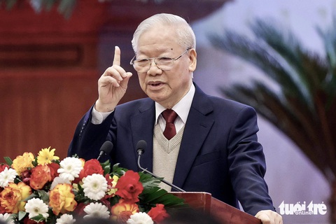 Nhớ về Tổng bí thư Nguyễn Phú Trọng qua lời kể của các nhà ngoại giao- Ảnh 7. Tổng bí thư Nguyễn Phú Trọng tại Hội nghị Ngoại giao thứ 32 tháng 12-2023 - Ảnh: NGUYỄN KHÁNH