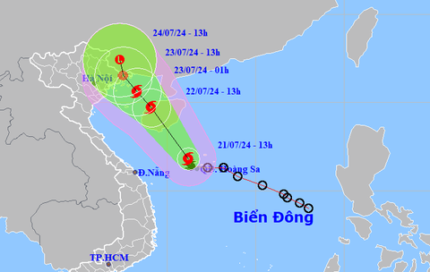 Bão số 2 hướng vào vịnh Bắc Bộ, miền Bắc mưa lớn 3 ngày- Ảnh 1. Vị trí và hướng di chuyển bão số 2 lúc 13h chiều 21-7 - Ảnh: NCHMF