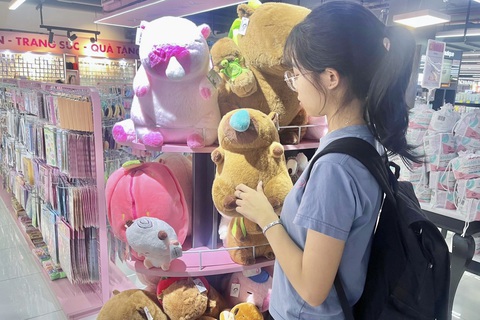 Tan chảy trái tim vì Capybara quá đáng yêu- Ảnh 1. Một bạn trẻ thích thú với sự dễ thương của Capybara - Ảnh: QUANG HUY