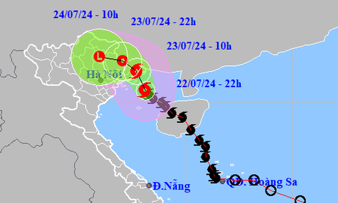 Bão số 2 đang gây mưa, gió giật mạnh ở Quảng Ninh- Ảnh 1. Vị trí và hướng di chuyển bão số 2 lúc 22h tối 22-7 - Ảnh: NCHMF