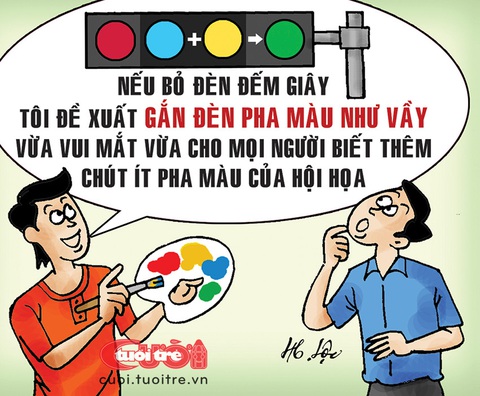 TP.HCM: Đèn giao thông tạm thời vẫn... đếm ngược- Ảnh 2. Đèn giao thông pha màu - - Tranh: Hữu Lộc