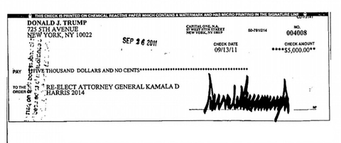 Phát hiện ông Trump và con gái từng quyên góp để bà Harris tranh cử- Ảnh 2. Tấm séc ông Trump quyên góp cho bà Harris vào năm 2011 - Ảnh: @JAREDEMOSKOWITZ/X
