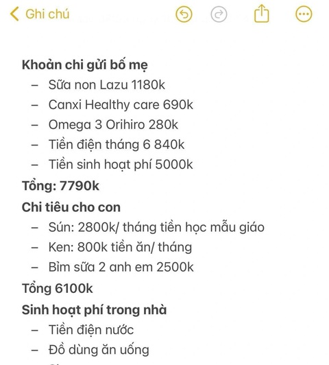 Chồng 'bắt' gửi 'cả đống' tiền về nội, cộng đồng mạng tư vấn: Cho chồng quản lý mọi chi tiêu!- Ảnh 1. Danh sách các khoản chi tiêu của gia đình, mua sắm gửi về nhà chồng khiến Nhan Chiêu thấy áp lực