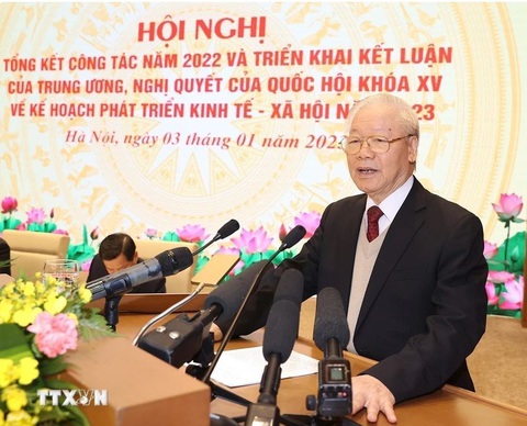 Tổng Bí thư Nguyễn Phú Trọng phát biểu chỉ đạo Hội nghị triển khai Kế hoạch phát triển kinh tế-xã hội năm 2023 (Hà Nội, 3/1/2023). Ảnh: TTXVN Tổng bí thư Nguyễn Phú Trọng phát biểu chỉ đạo Hội nghị triển khai kế hoạch phát triển kinh tế - xã hội năm 2023 (Hà Nội, 3-1-2023) - Ảnh: TTXVN