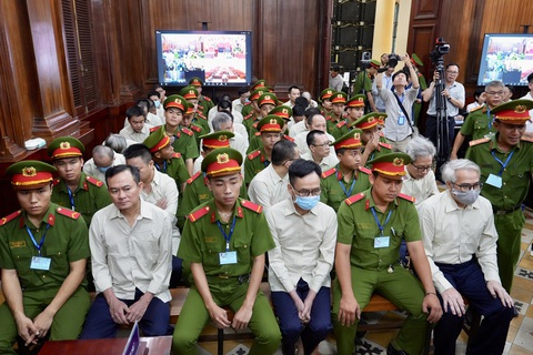 Giám đốc trung tâm đăng kiểm khai đưa tiền cho cục trưởng vì 'bản sắc văn hóa'- Ảnh 1. Các bị cáo trong đại án đăng kiểm tại tòa chiều 24-7 - Ảnh: HỮU HẠNH
