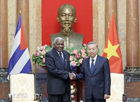 Lãnh đạo Việt Nam tiếp các đoàn Cuba, Úc đến dự lễ tang Tổng Bí thư Nguyễn Phú Trọng- Ảnh 1. Chủ tịch nước Tô Lâm tiếp Chủ tịch Quốc hội Cuba Esteban Lazo Hernandez - Ảnh: TTXVN