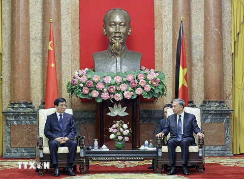 Chủ tịch nước Tô Lâm tiếp Chủ tịch Chính Hiệp toàn quốc Trung Quốc Vương Hộ Ninh - Ảnh: TTXVN Chủ tịch nước Tô Lâm tiếp đoàn Campuchia, Lào, Trung Quốc- Ảnh 2.