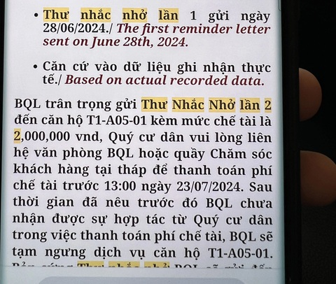 Không đóng 2 triệu tiền phạt liền bị cắt nước sinh hoạt, ban quản lý chung cư nói gì?- Ảnh 3. Nội dung thư nhắc nhở và mức chế tài của ban quản lý chung cư Masteri Thảo Điền gửi đến anh H. - Ảnh chụp lại màn hình