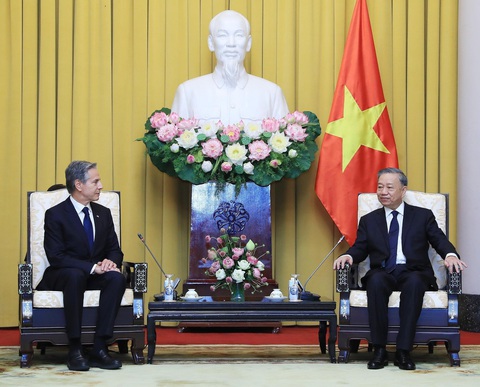 Tổng thống Biden mượn thơ Nguyễn Du, nhắc lại kỷ niệm với Tổng Bí thư Nguyễn Phú Trọng- Ảnh 2. Chủ tịch nước Tô Lâm cảm ơn Ngoại trưởng Blinken đã sang Việt Nam để chia buồn cùng gia quyến Tổng Bí thư - Ảnh: TTXVN