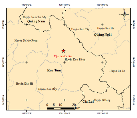 Động đất mạnh 5 độ ở Kon Tum là do 'động đất kích thích'- Ảnh 1. Bản đồ tâm chấn trận động đất mạnh 5 độ ở Kon Plông (tỉnh Kon Tum) lúc 11h35 ngày 28-7 - Ảnh: Viện Vật lý địa cầu