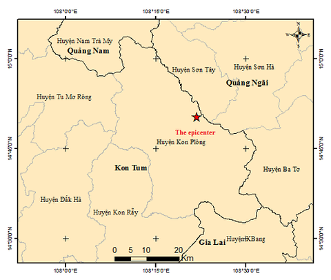 Động đất mạnh 5 độ ở Kon Tum: Huế, Đà Nẵng, Quảng Nam, Bình Định, Đắk Lắk cũng rung lắc- Ảnh 1. Vị trí tâm chấn trận động đất ở Kon Plông (Kon Tum) sáng 28-7 - Ảnh: Viện Vật lý địa cầu