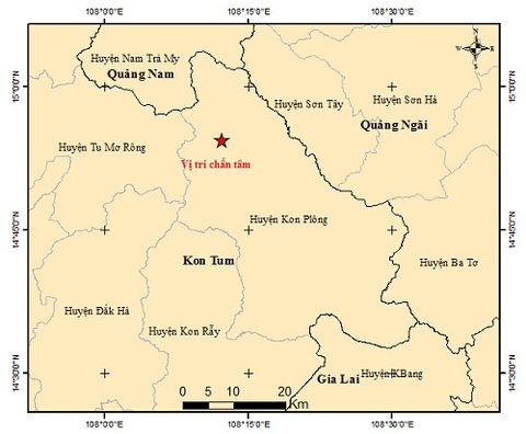 Huyện Kon Plông, Kon Tum rung lắc từ trưa đến tối vì 13 trận động đất- Ảnh 1. Vị trí xảy ra trận động đất thứ 11 tại Kon Tum vào tối nay 28-7 - Ảnh: Viện Vật lý địa cầu