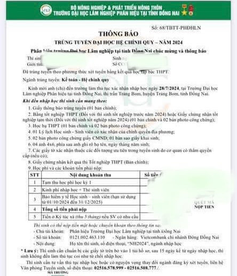 Chưa kết thúc xét tuyển đã mời đóng tiền giữ học bổng, xác nhận nhập học- Ảnh 3. Phân hiệu Trường đại học Lâm nghiệp tại tỉnh Đồng Nai gửi thông báo này qua email cho từng thí sinh, trong đó có nội dung