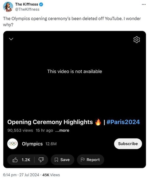 Người dùng mạng xã hội phát hiện video lễ khai mạc Olympic Paris 2024 đã biến mất - Ảnh: X Tin tức giải trí 28-7: Phát biểu của Tự Long trong Anh trai vượt ngàn chông gai gây sốt- Ảnh 6.