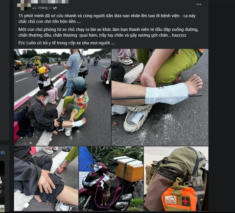 TP.HCM: Chở thú cưng đứng trên xe máy phóng vun vút, quá nguy hiểm- Ảnh 2. Anh P.V.P. (nhiếp ảnh gia) chia sẻ với Tuổi Trẻ Online về câu chuyện anh từng bắt gặp và sơ cứu cho một người đàn ông bị té ngã trầy xước nặng ở chân và tay do né một con chó nhảy xổ ra từ một chiếc xe di chuyển cùng làn - Ảnh: Chụp màn hình