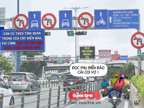 Vợ chồng trẻ hoa mắt với biển báo giao thông- Ảnh 1. Vợ chồng trẻ hoa mắt với biển báo giao thông - Tranh: Đỗ Minh Tuấn