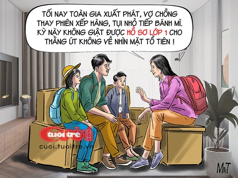 Hứa với tổ tiên quyết xin cho thằng út vào lớp 1- Ảnh 1. Không giật được hồ sơ lớp 1 cho thằng út không về nhìn mặt tổ tiên - Tranh: Đỗ MInh Tuấn