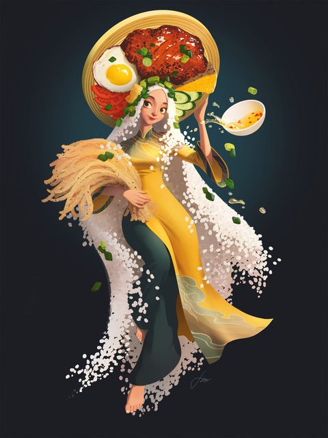 Khi phở, cơm tấm, bún đậu mắm tôm… trở thành những nàng tiên- Ảnh 1. Nàng tiên mặc áo dài, đội mấn chứa đĩa cơm sườn bì chả khiến dân mạng không khỏi thòm thèm - Ảnh: NVCC