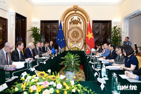 Bộ trưởng Ngoại giao Bùi Thanh Sơn và Đại diện cấp cao EU về chính sách an ninh và đối ngoại, Phó Chủ tịch EC Josep Borrell hội đàm sáng 30-7 tại Hà Nội - Ảnh: NAM TRẦN Bộ trưởng Bộ Ngoại giao Bùi Thanh Sơn và Đại diện cấp cao EU về chính sách an ninh và đối ngoại, Phó chủ tịch EC Josep Borrell hội đàm sáng 30-7 tại Hà Nội - Ảnh: NAM TRẦN