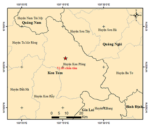 Rạng sáng nay, Kon Tum xảy ra thêm 7 trận động đất- Ảnh 1. Bản đồ tâm chấn trận động đất mạnh 3,4 độ lúc 7h06 sáng 31-7 - Ảnh: Viện Vật lý địa cầu