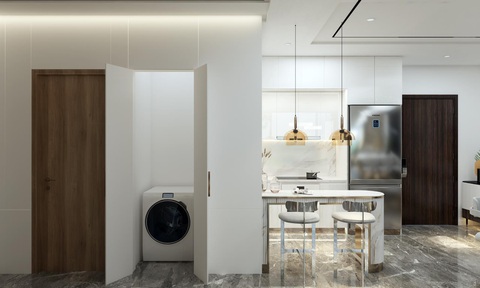 Căn hộ 3 ban công với tầm nhìn vô cực gây chú ý ở Bình Dương- Ảnh 3. Khu bếp sẽ có sẵn tủ bếp trên, dưới; căn hộ có khu giặt sấy riêng