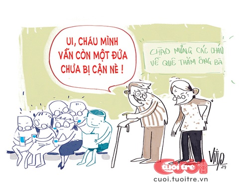 Học sinh không cận thị là 'của hiếm'- Ảnh 1. Ông bà vui mừng vì vẫn còn một đứa cháu chưa bị cận thị - Tranh: Viiip