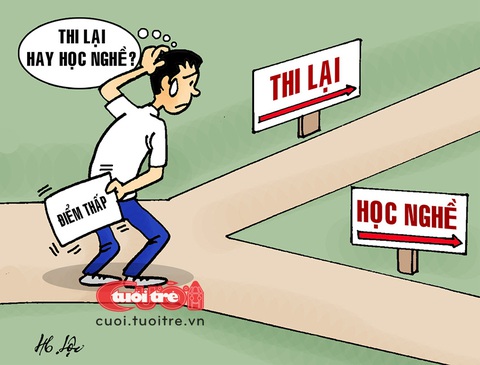 Thí sinh đứng giữa hai ngả đường: Chọn lối nào đây?- Ảnh 1. Thí sinh đứng giữa hai ngả đường: Chọn lối nào đây? - Tranh: Hữu Lộc