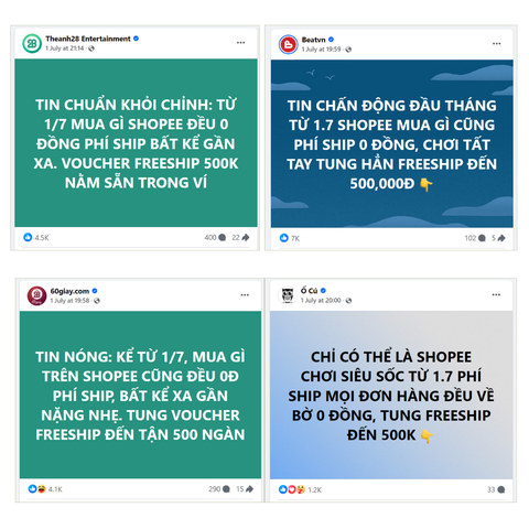 Hàng loạt các fanpage chia sẻ thông tin về chương trình miễn phí vận chuyển của Shopee trong tháng 7 Hàng loạt các fanpage chia sẻ thông tin về chương trình miễn phí vận chuyển của Shopee trong tháng 7