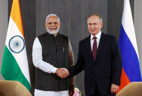 Lần gần nhất Thủ tướng Ấn Độ Narendra Modi gặp Tổng thống Nga Vladimir Putin là vào tháng 9-2022 - Ảnh: AFP Lần gần nhất Thủ tướng Ấn Độ Narendra Modi gặp Tổng thống Nga Vladimir Putin là vào tháng 9-2022 - Ảnh: AFP