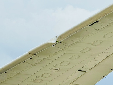 Máy bay Eva Air tông vào cột đèn, móp cánh ở sân bay Tân Sơn Nhất- Ảnh 2. Cánh máy bay bị móp sau cú va chạm với cột đèn - Ảnh: TIA